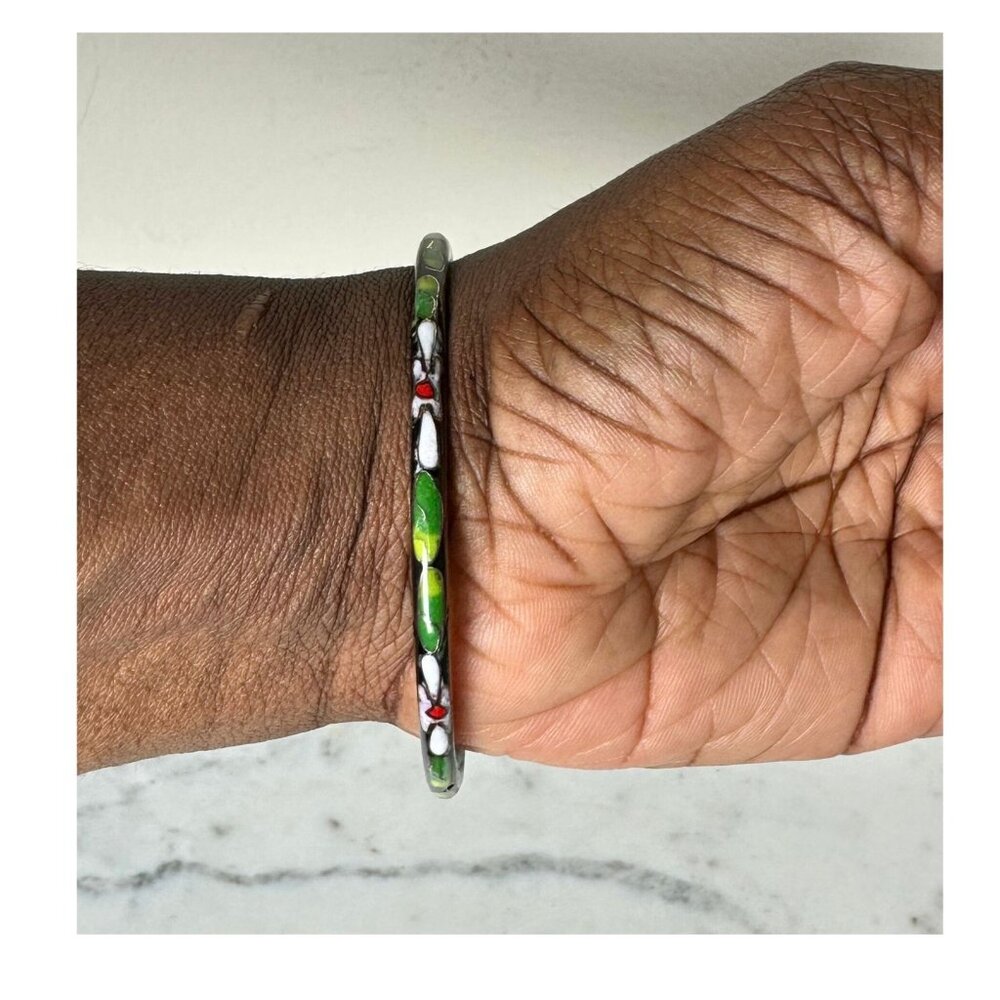 Vintage Cloisonné Enamel Bangle Bracelet Black Green Floral Asian Inspired